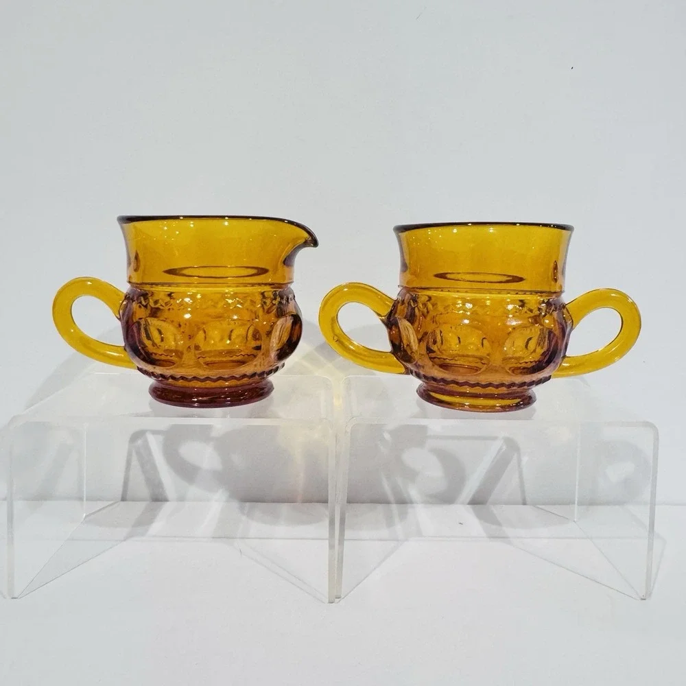 Vintage Indiana Glass Kings Crown Amber Creamer &‎ Sugar Set No Damage